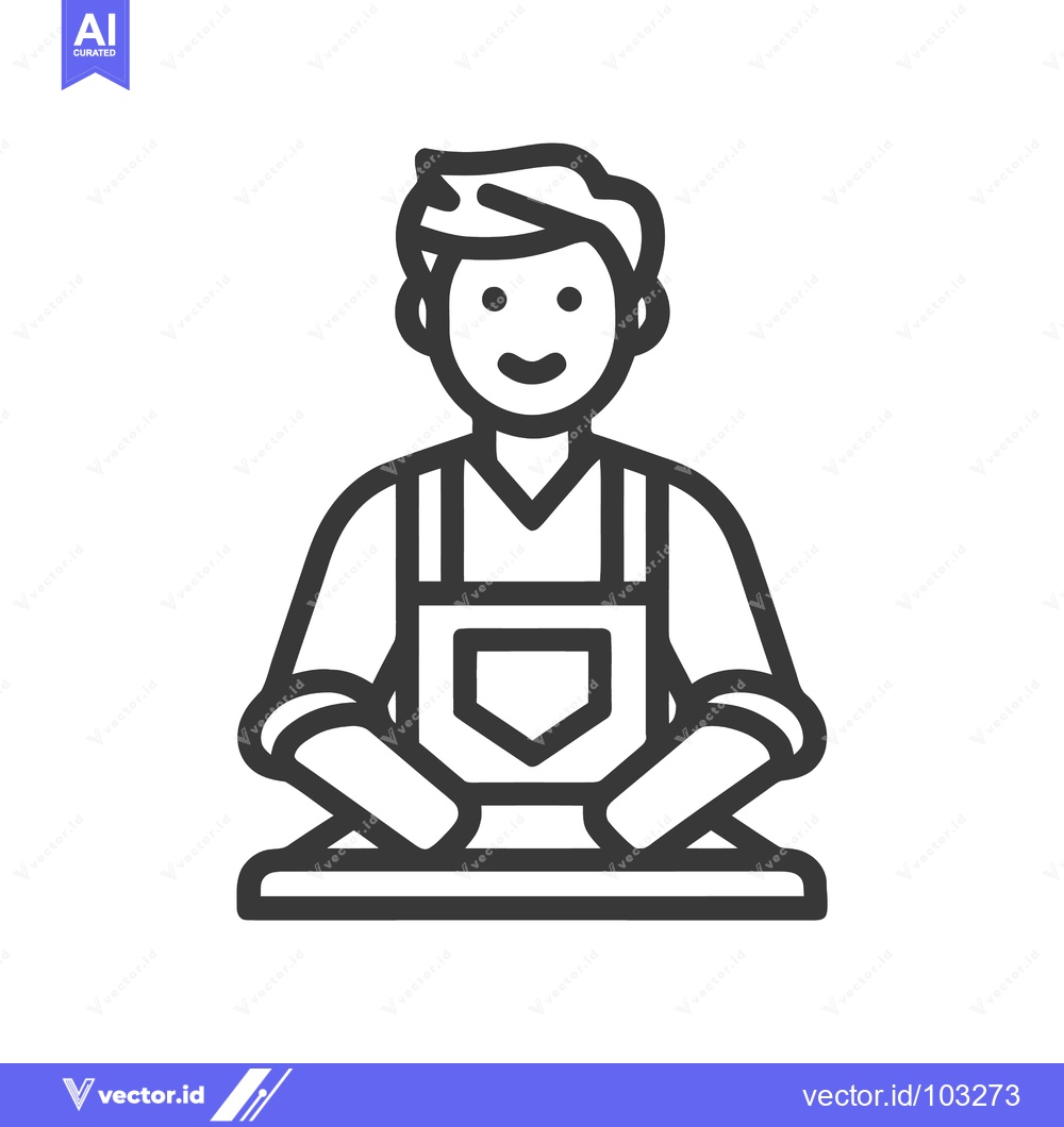 Premium Vector dari Stylized Happy Man in Apron Icon, Simple Black Line Art for Service or