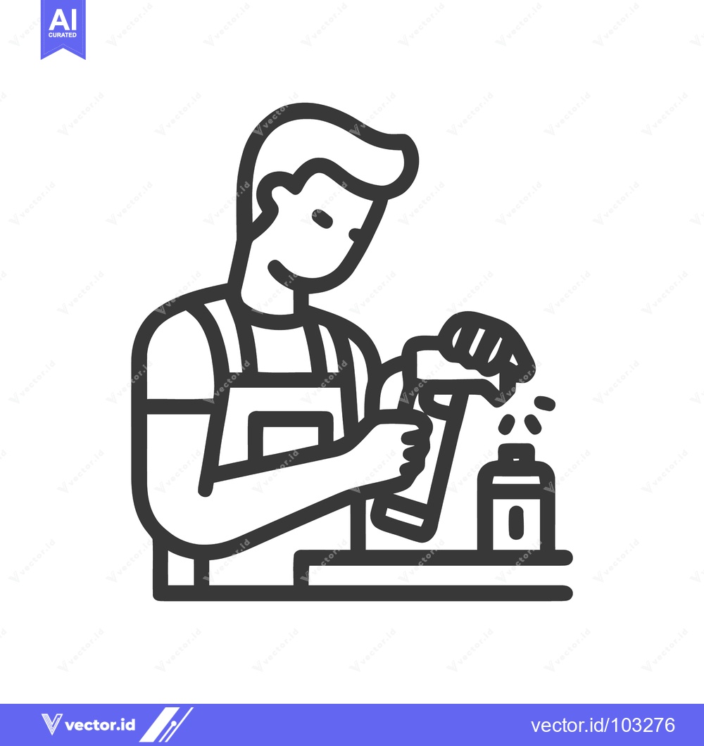 Premium Vector of Minimalist Line Art Icon of Man in Apron Spraying Bottle, Illustrating