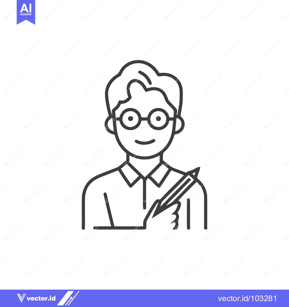 Premium Vector of Minimalist Line Art Icon of Smiling Person with Glasses Holding a Penc