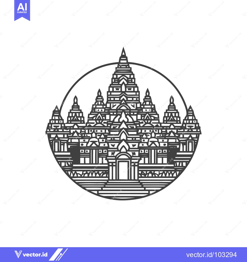 Premium Vector dari Minimalist Angkor Wat Temple Line Art Icon in Circular Frame, Detailed