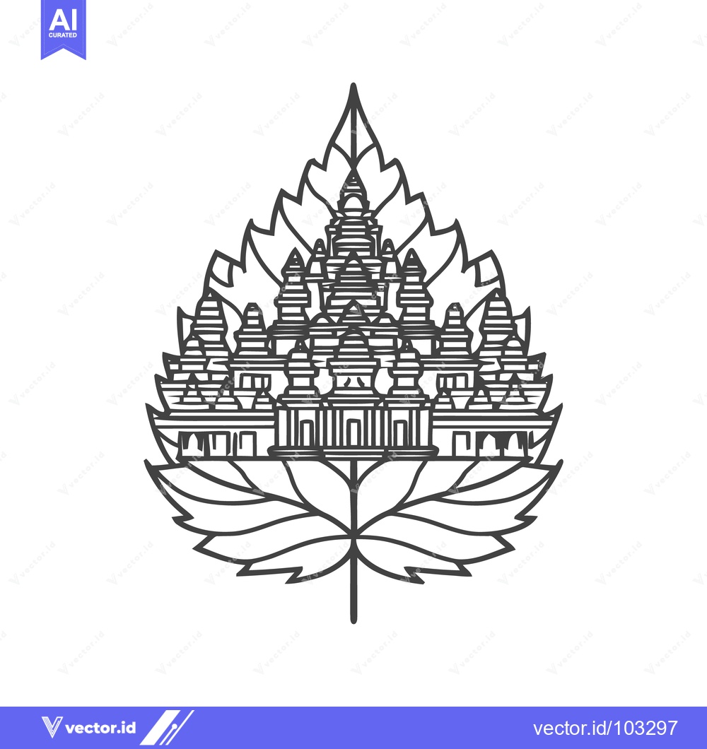 Premium Vector dari Elegant Line Art: Asian Temple Structure within Sacred Bodhi Leaf Symb