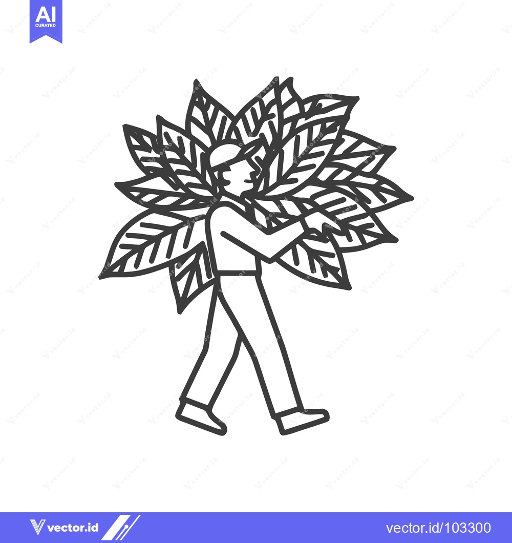 Premium Vector of Minimalist Line Art Icon of Person Carrying Abundant Leaves on Back
