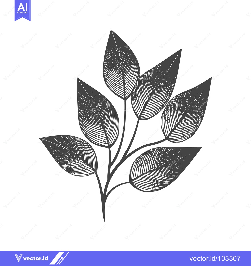 Premium Vector of Detailed Hand-Drawn Monochrome Botanical Branch with Textured Leaves,