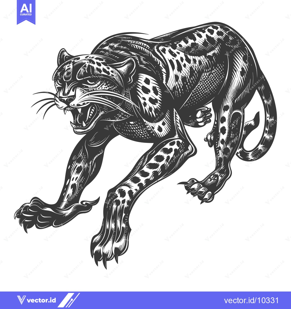 Premium Vector of A Black and White Illustration of a Prowling Leopard