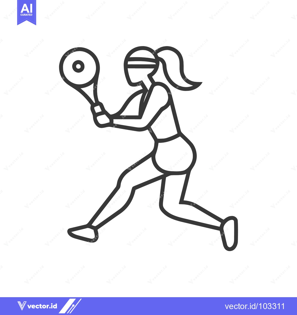 Premium Vector of Stylized Black Line Art Icon of Female Tennis Player in Dynamic Action