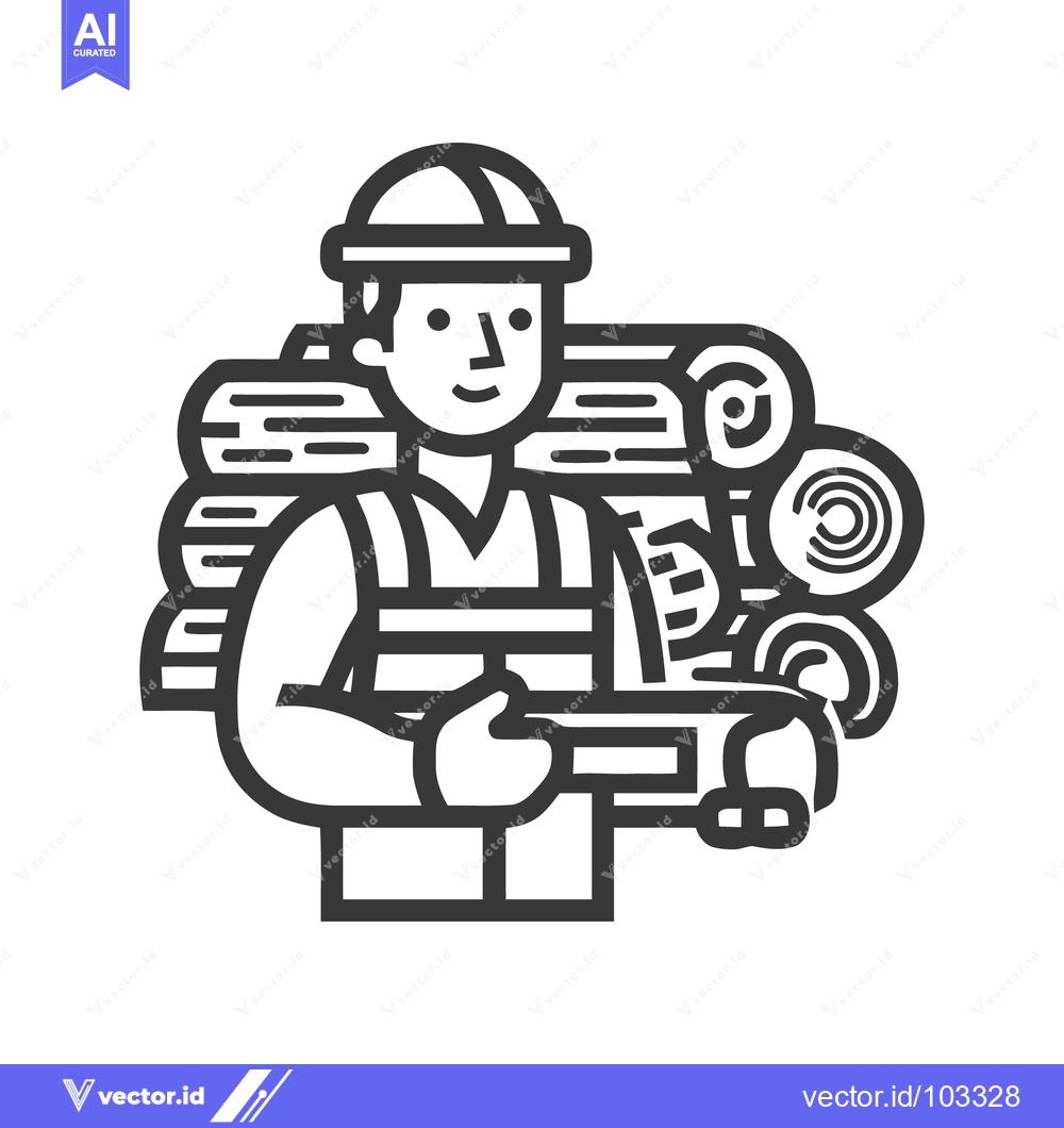 Premium Vector dari Bold Line Art Icon of a Smiling Logger with Chainsaw and Stacked Timbe