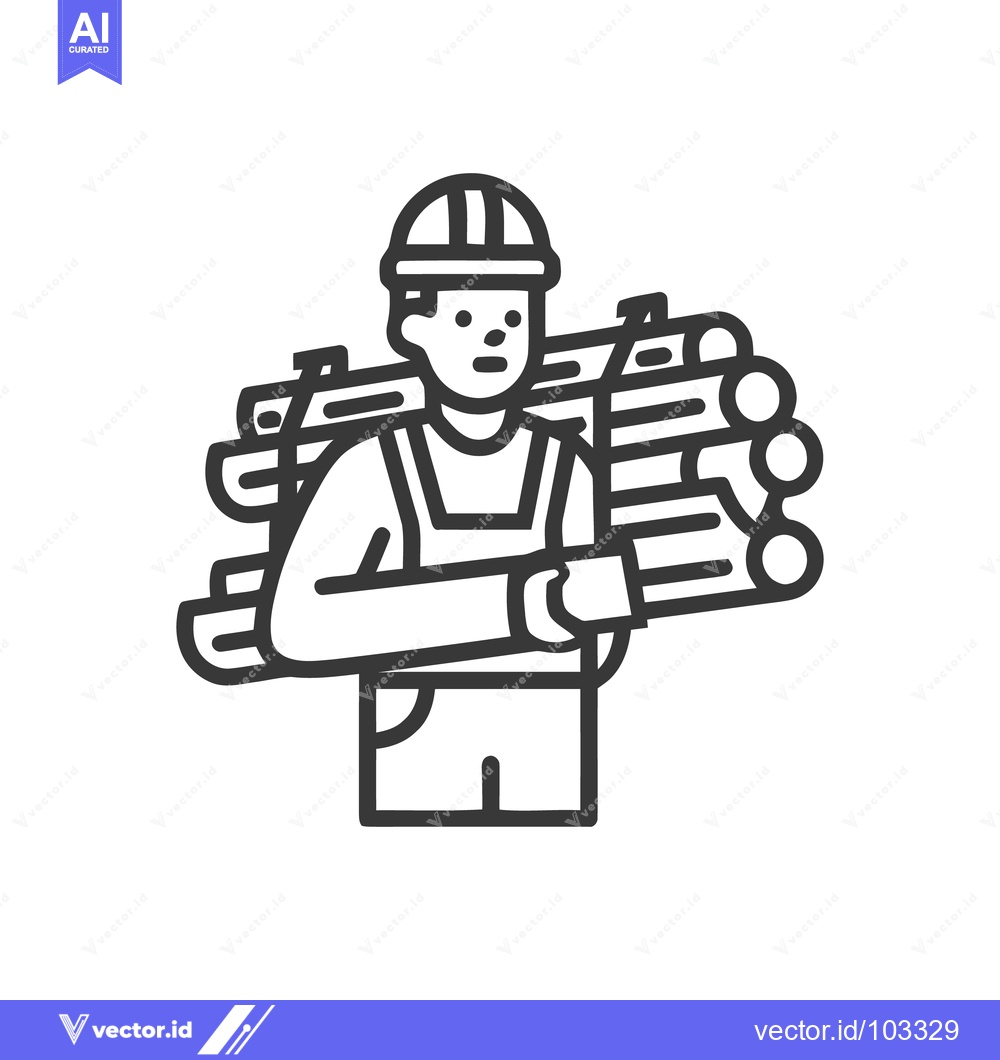 Premium Vector of Bold Line Art Icon of a Construction Worker in a Hard Hat Carrying a S