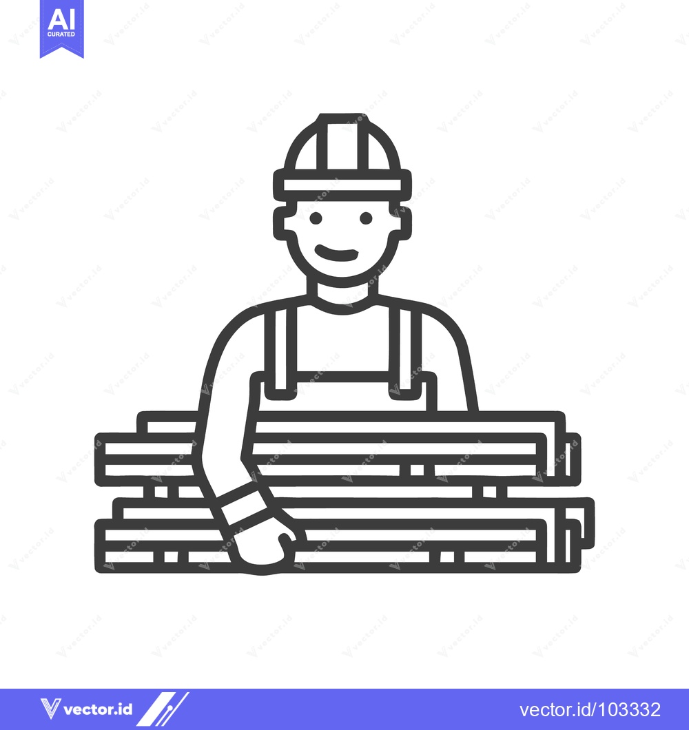 Premium Vector of Smiling Builder with Hard Hat Carrying Lumber, Minimalist Line Icon