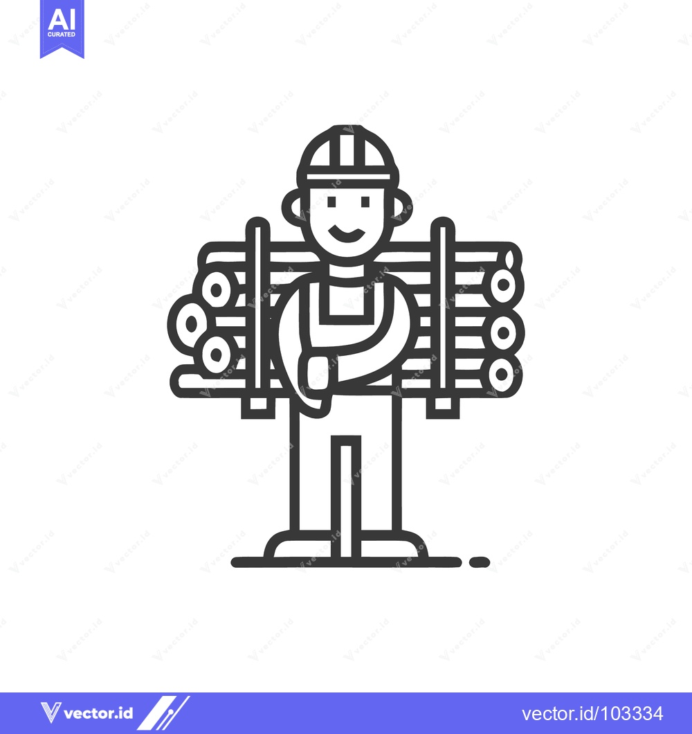 Premium Vector of Professional Logger with Safety Helmet Carrying Wood, Line Art Illustr