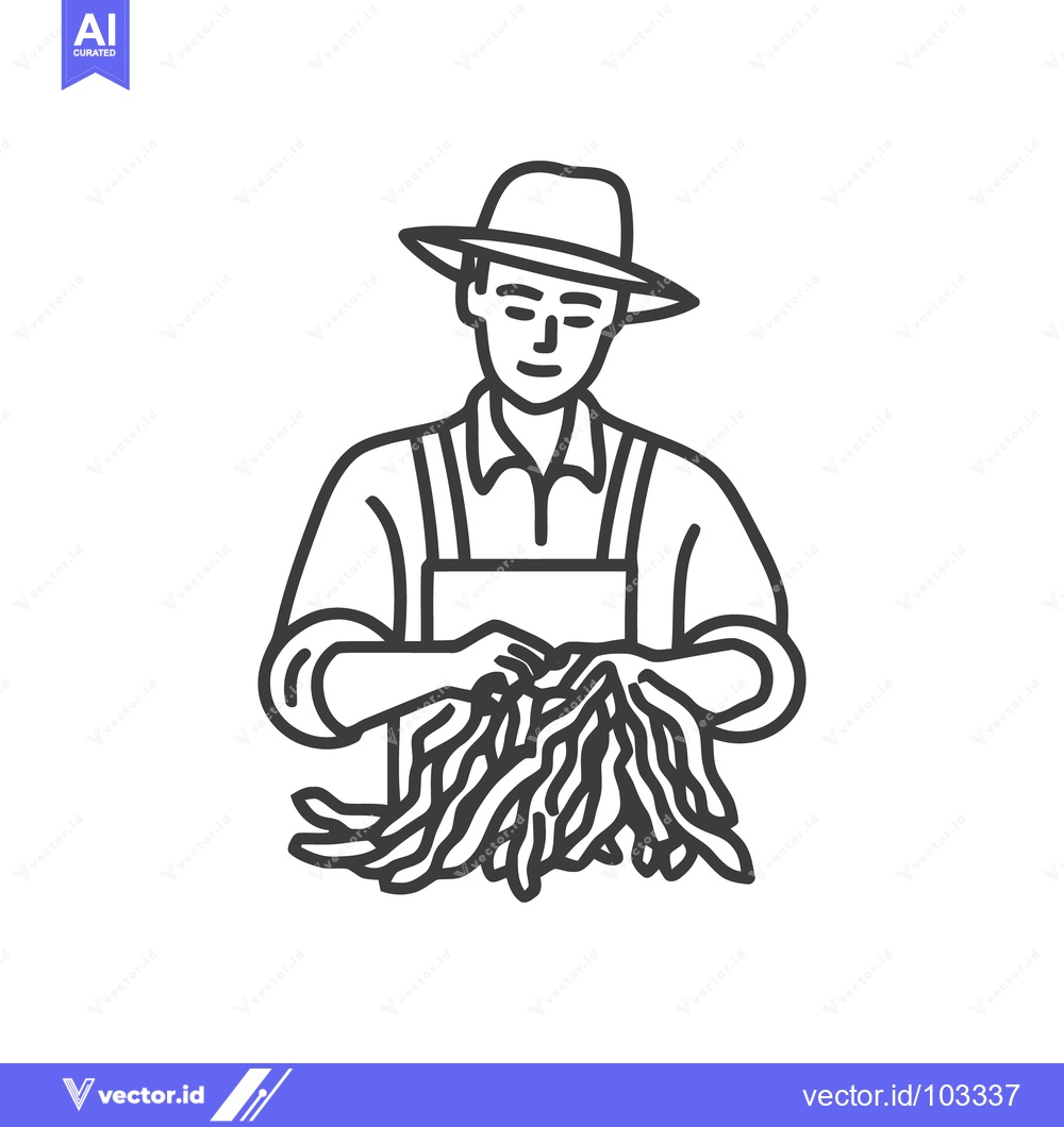 Premium Vector of Artisan Farmer Inspecting Cured Tobacco Leaves, Minimalist Line Art Ic