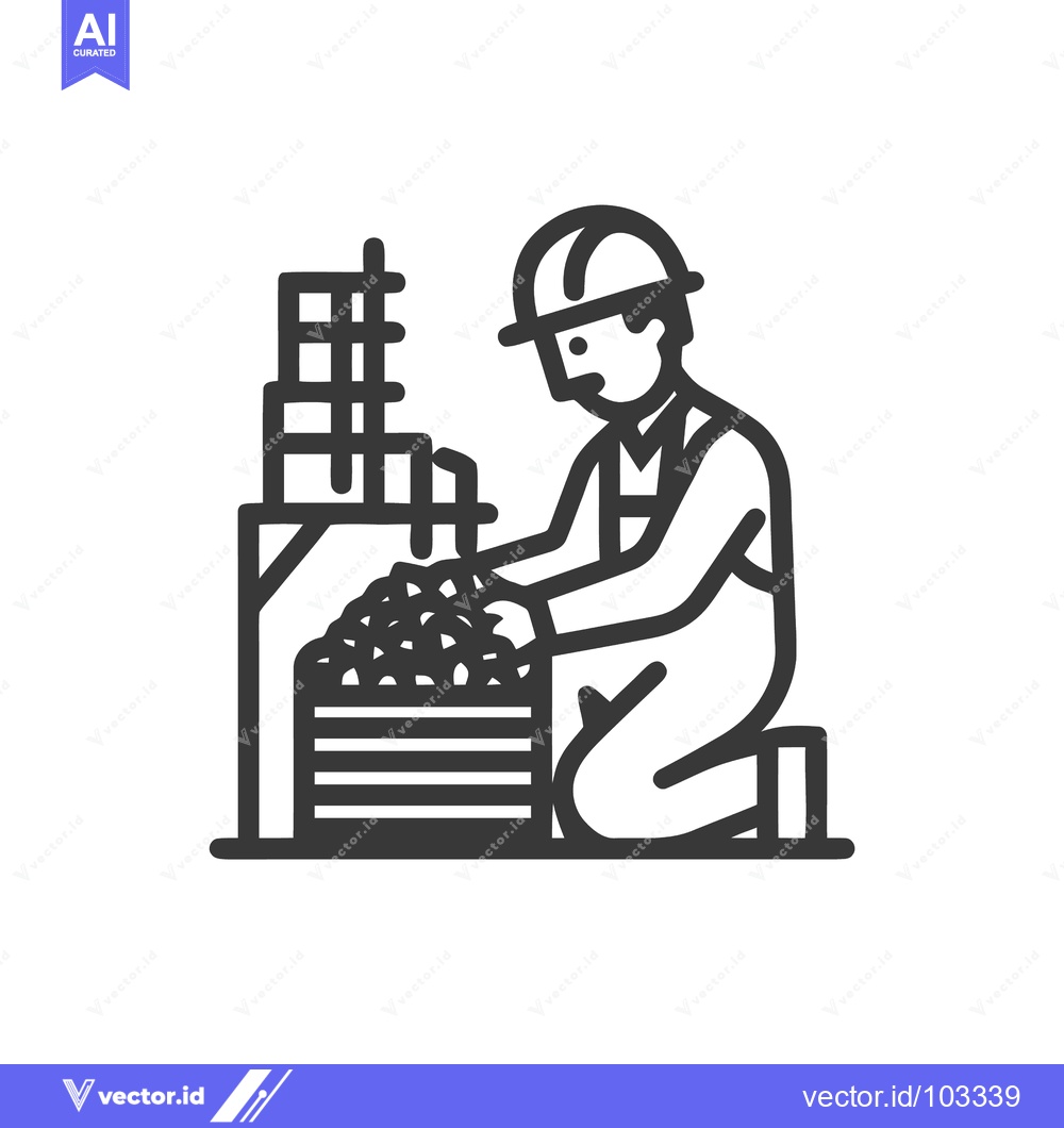 Premium Vector of Kneeling Construction Worker Sorting Rubble, Minimalist Line Art Vecto
