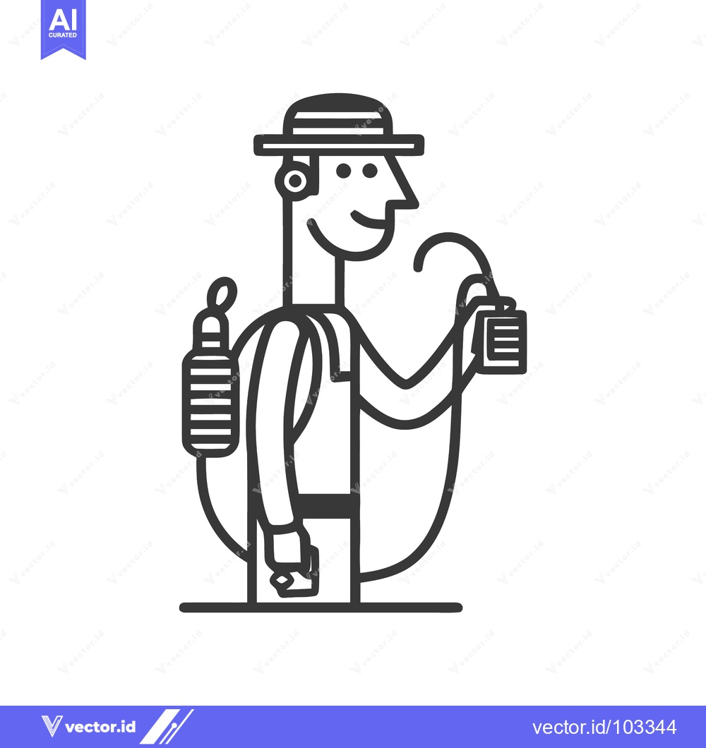 Premium Vector of Minimalist line art of a smiling adventurer in a hat with a hydration