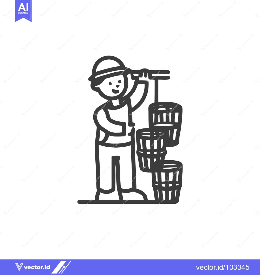 Premium Vector dari Cheerful Farmer with Stacked Harvest Baskets, Simple Line Art Icon
