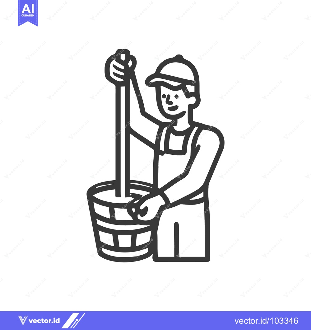 Premium Vector dari Cheerful Farmer Churning Butter in a Wooden Barrel, Minimalist Line Ar