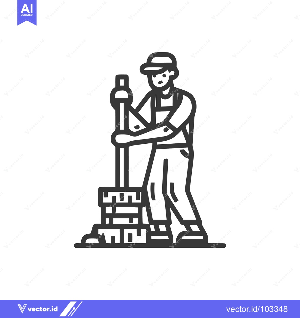 Premium Vector dari Manual Laborer Tamping Paving Stones, Bold Monochrome Line Art Icon