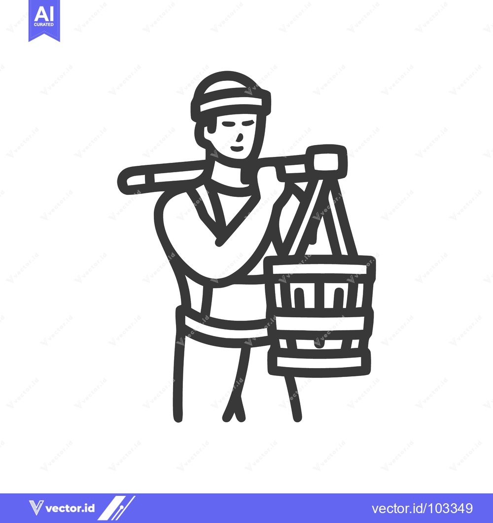Premium Vector of Bold Monoline Icon of a Traditional Worker Carrying a Bucket on a Shou