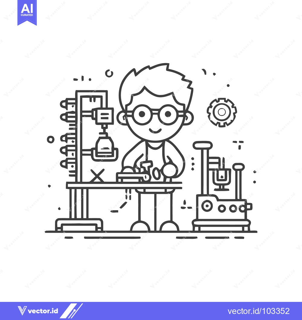 Premium Vector of Young Inventor Character Working at a High-Tech Workbench, Minimalist