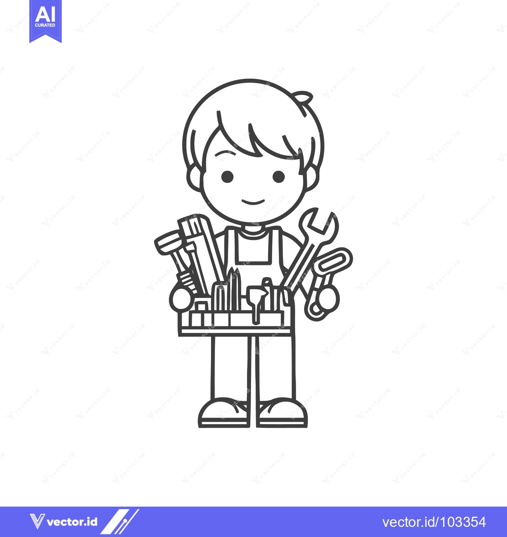 Premium Vector dari Friendly Cartoon Handyman Character with Toolbox, Minimalist Line Art