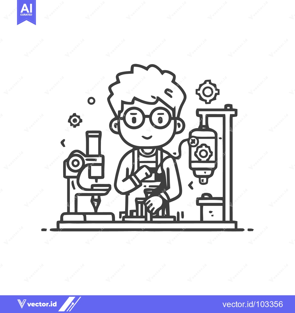 Premium Vector of Charming Line Art of a Young Scientist with Glasses in a Cartoon Labor