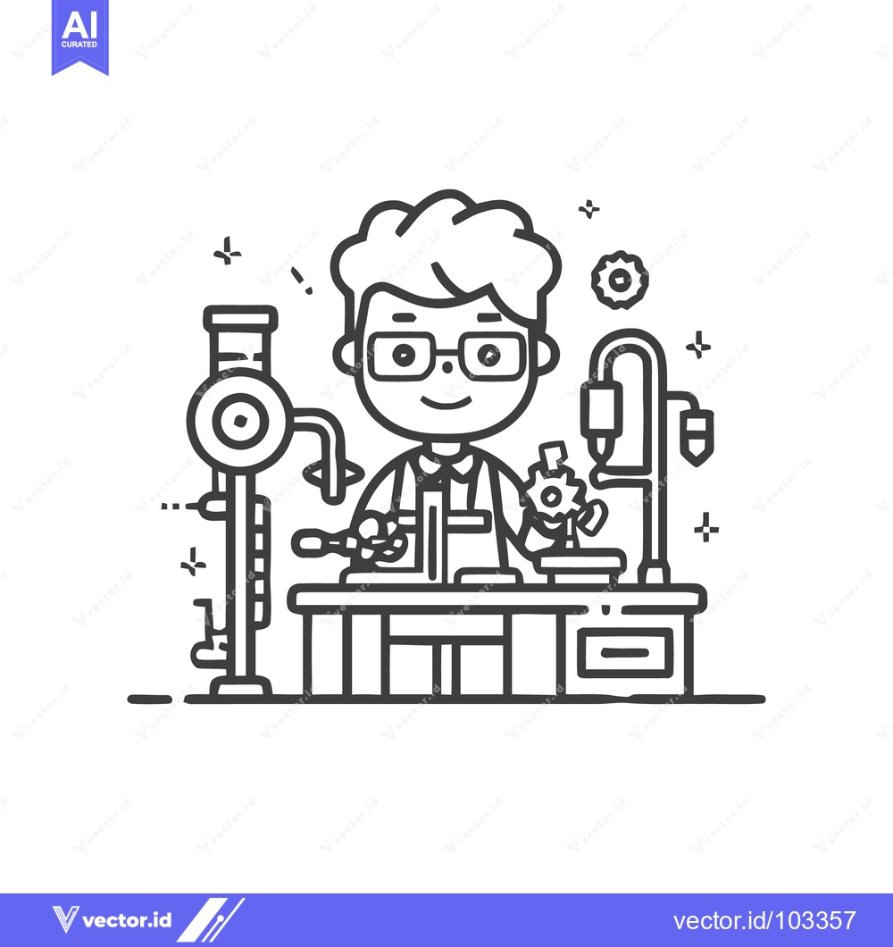 Premium Vector of Whimsical Line Art of a Young Inventor at His Gadget-Filled Workbench