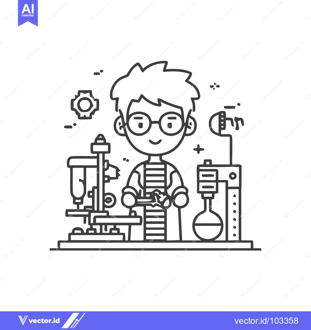 Premium Vector dari Young Inventor with Glasses Tinkering in a Minimalist Line Art Lab