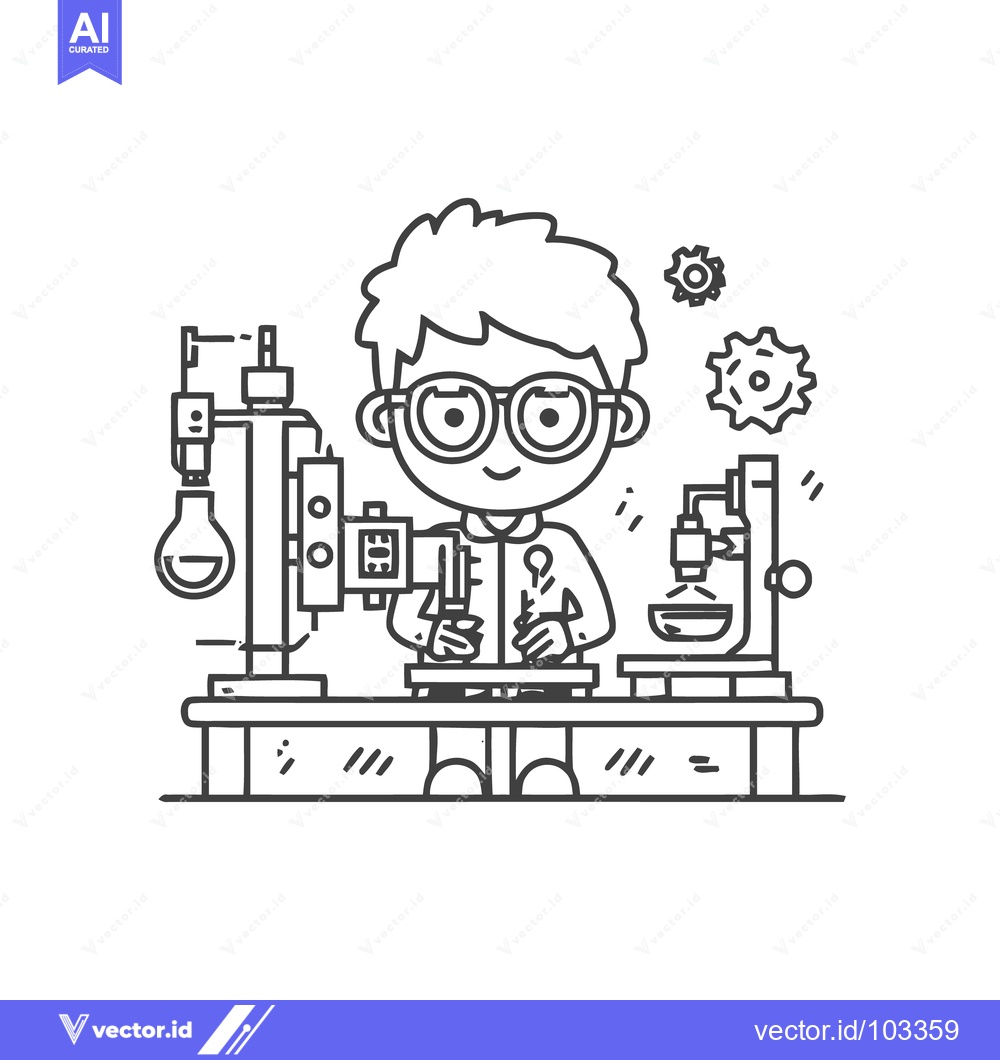 Premium Vector of Young Inventor at His Workbench: A Minimalist Line Art Doodle of Scien