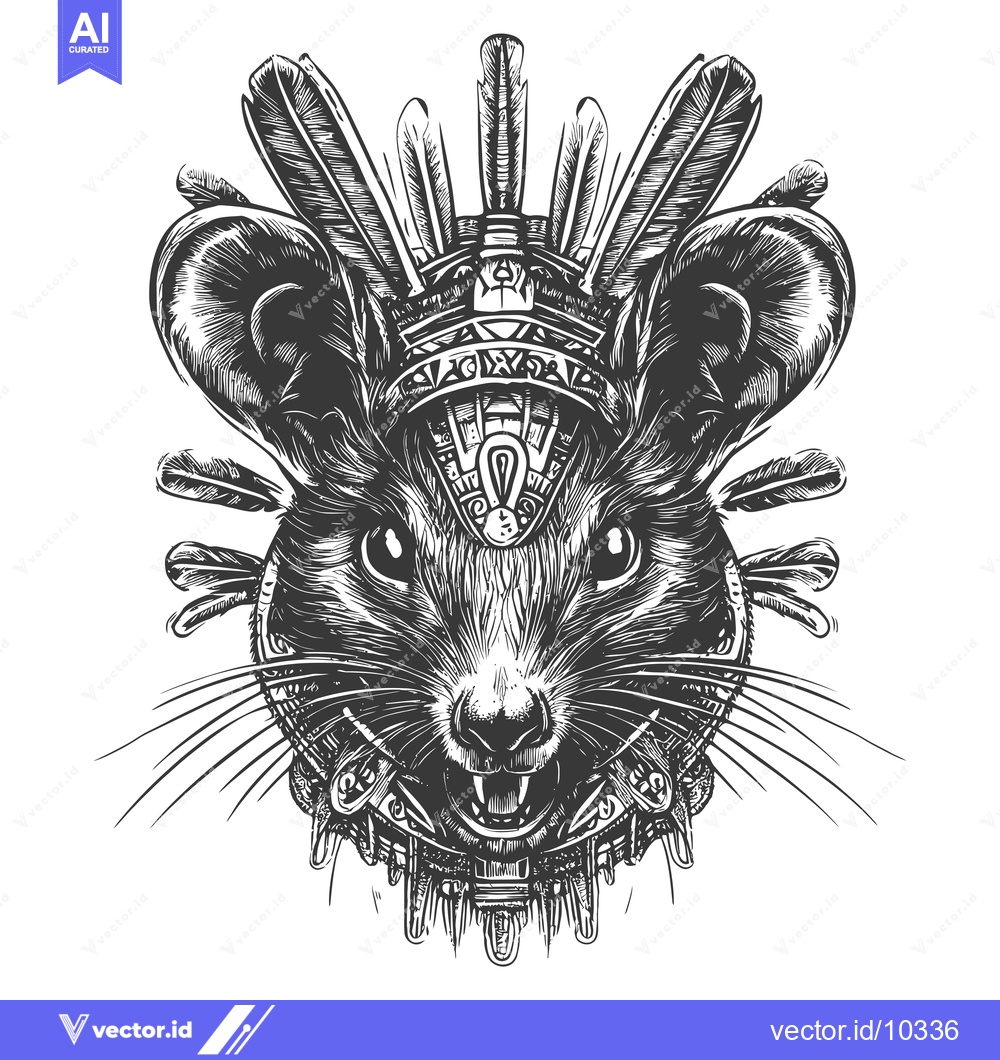 Premium Vector of A  Black and White Illustration of a Rat Wearing a Feathered Headdress