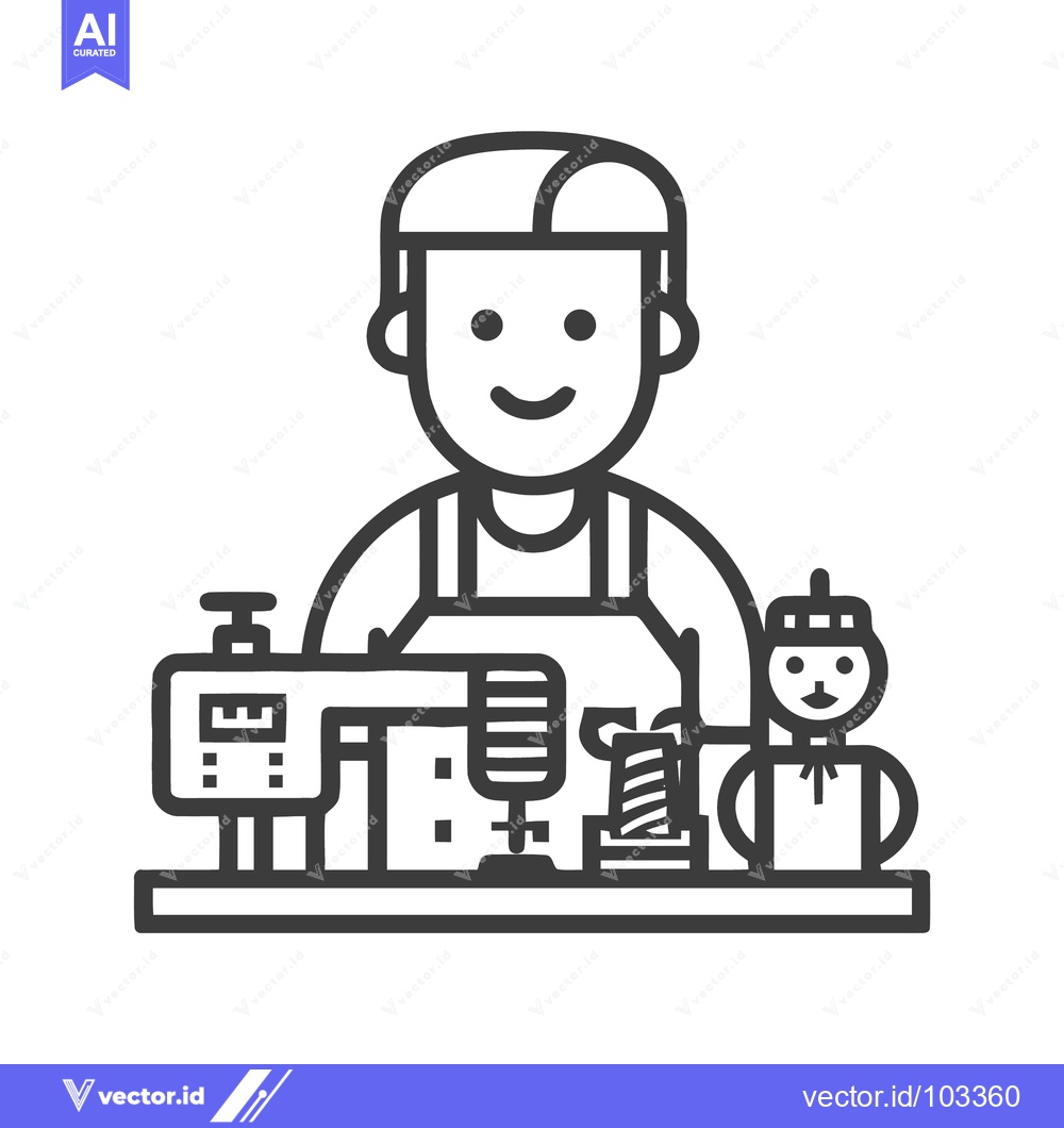 Premium Vector dari Cheerful Tailor at a Sewing Workbench, Minimalist Line Art Icon
