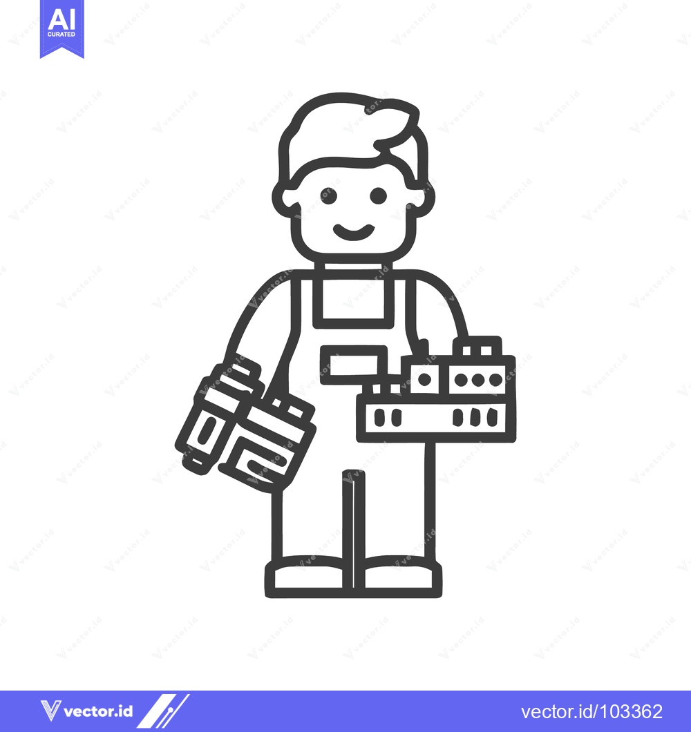 Premium Vector dari Cheerful Craftsman in Overalls with Toolbox and Drill, Minimalist Line