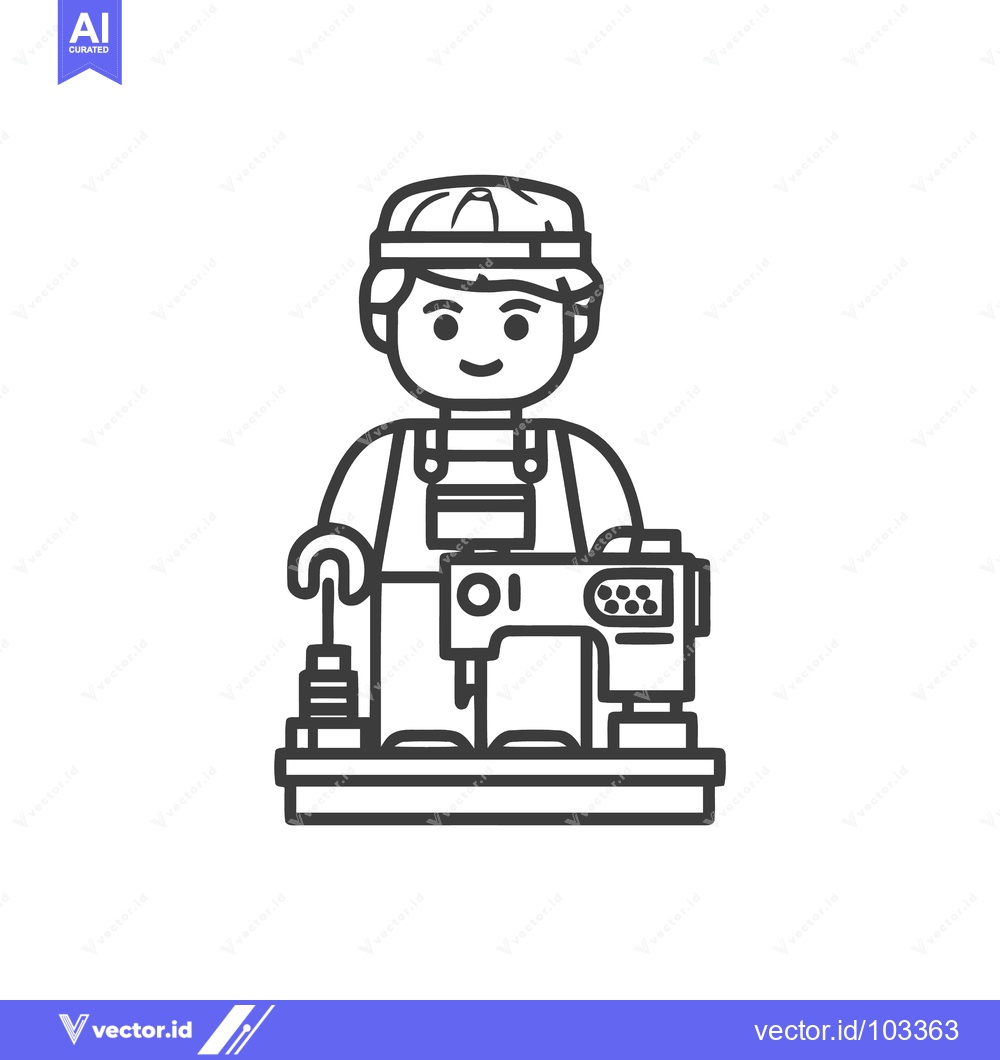 Premium Vector of Happy Craftsman Toy Figure Operating a Sewing Machine Line Art