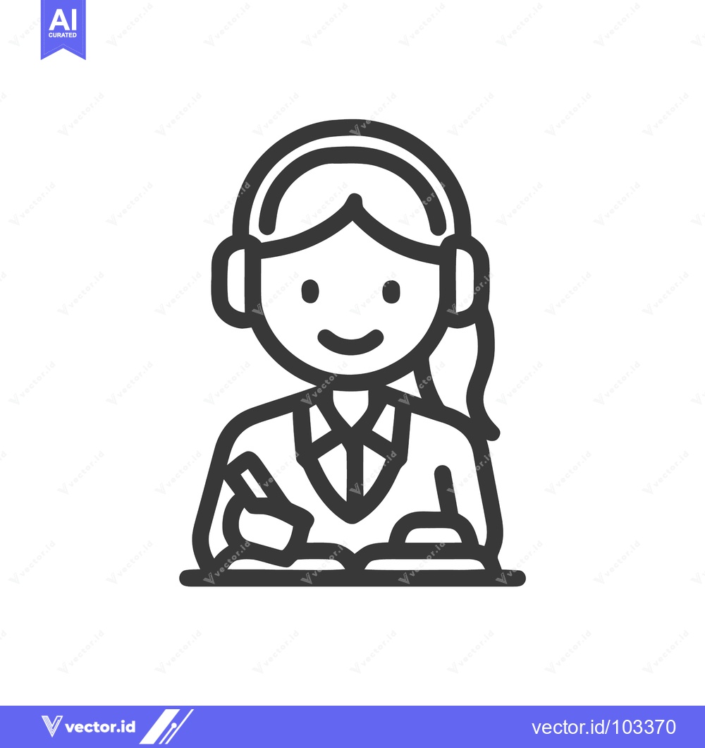 Premium Vector of Friendly Female Student with Headphones Taking Notes, Line Art Icon
