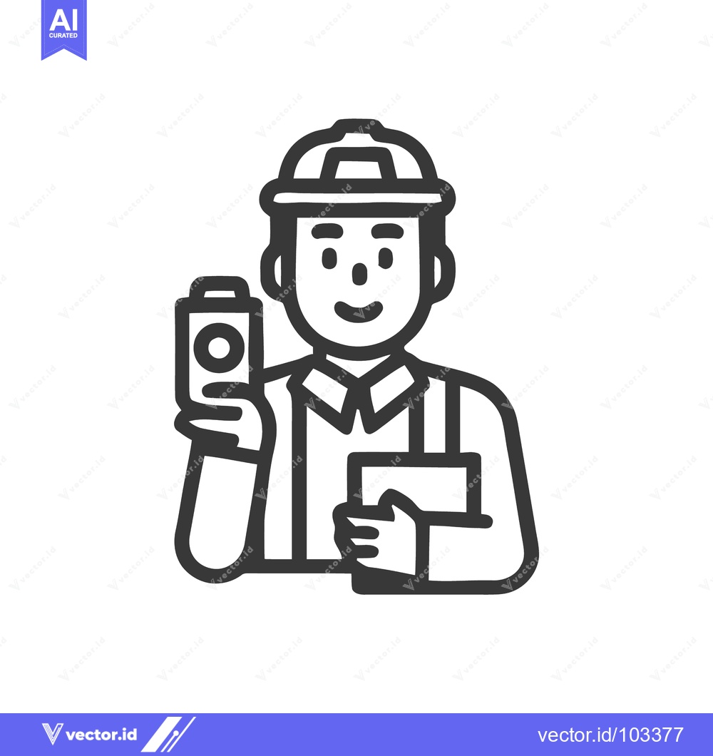 Premium Vector dari Smiling Engineer in Hard Hat Holding a Device, Monochrome Line Art Ico