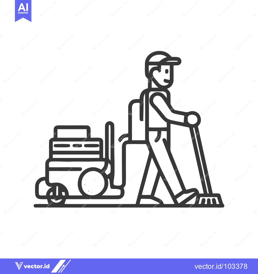 Premium Vector dari Professional Cleaner with Floor Scrubber and Backpack Unit, Minimalist