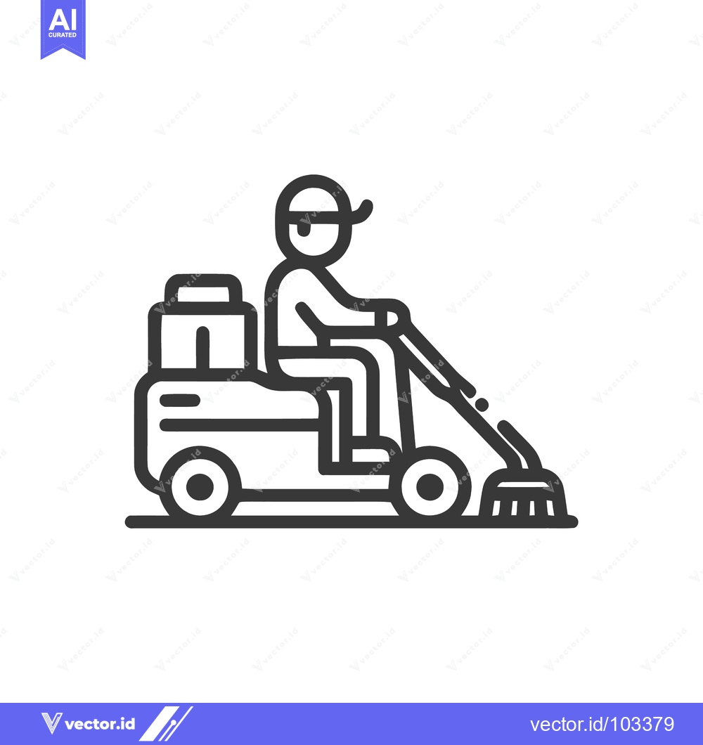 Premium Vector dari Janitor on Ride-On Floor Scrubber, Minimalist Line Art Icon for Cleani