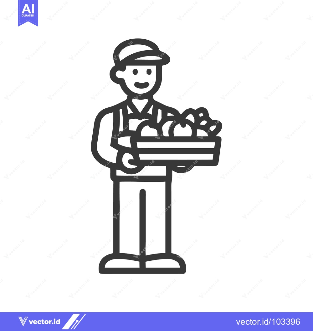 Premium Vector dari Cheerful Farmer with a Crate of Freshly Harvested Apples Line Art Icon