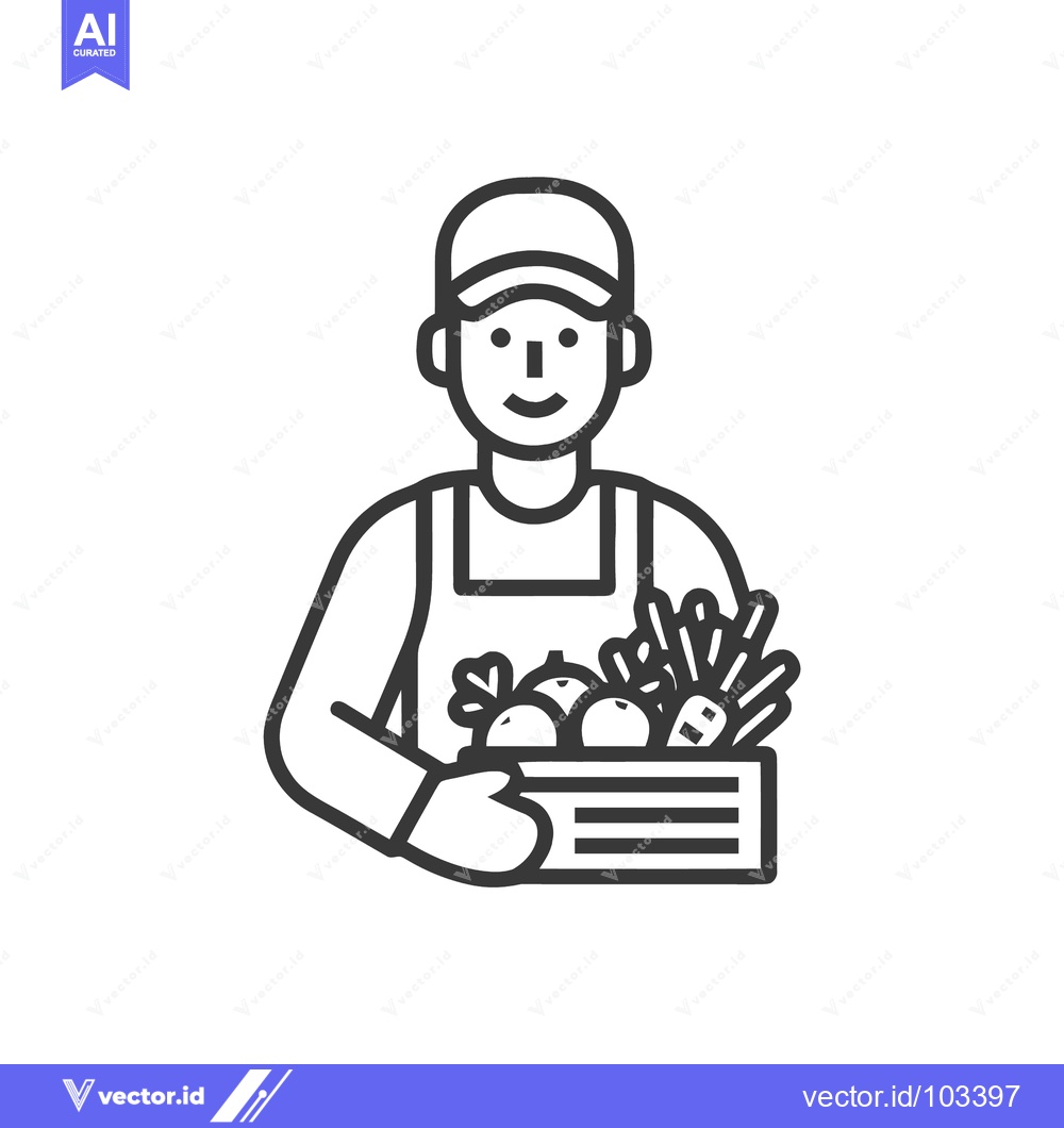 Premium Vector dari Friendly Farmer with a Crate of Fresh Harvest Vegetables, Line Art Ico