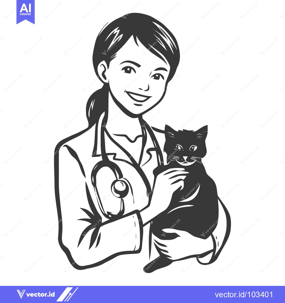 Premium Vector of Smiling Veterinarian with Stethoscope Cradling a Black Cat, Monochrome