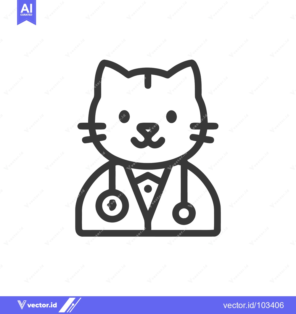 Premium Vector dari Charming Cat Veterinarian with Stethoscope, Minimalist Line Art Icon f