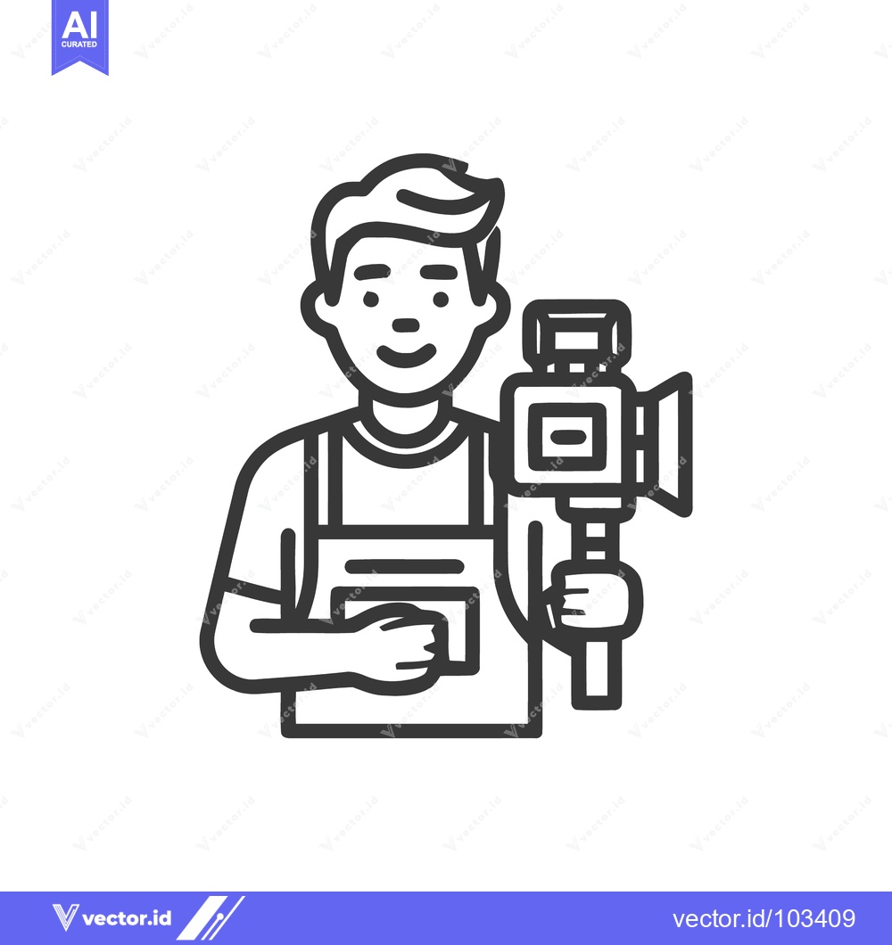 Premium Vector dari Smiling Videographer with Camcorder, Minimalist Line Art Character Ico