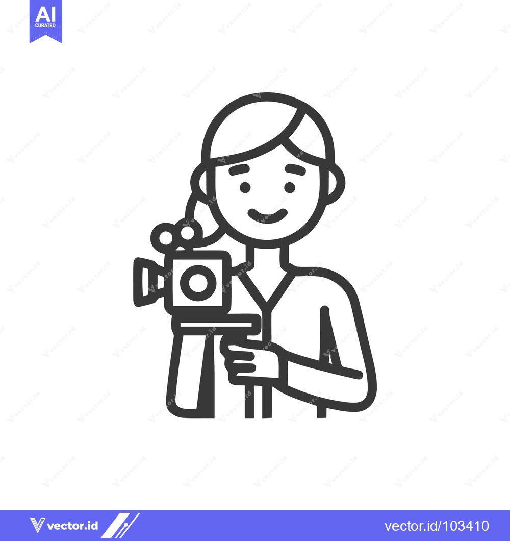 Premium Vector dari Friendly Female Filmmaker with Movie Camera Line Art Icon