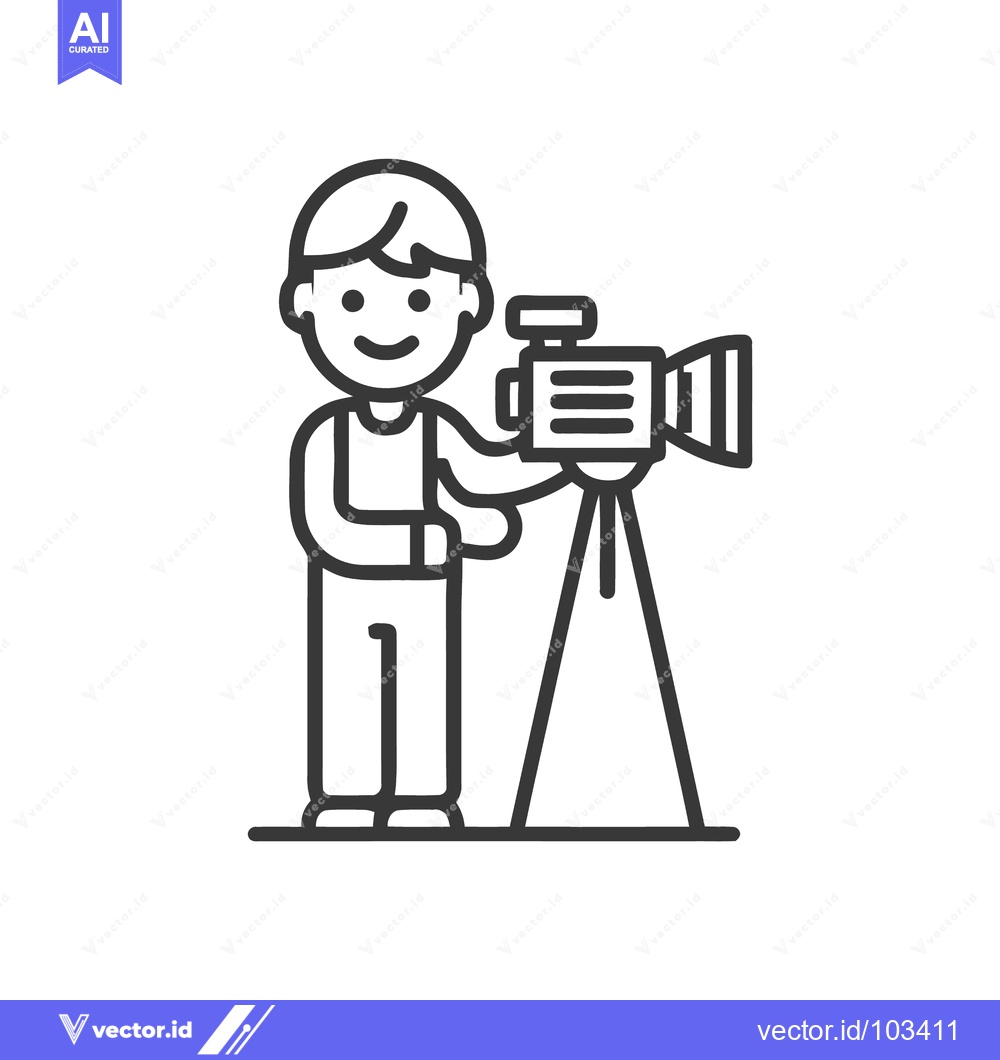 Premium Vector of Friendly Videographer with Professional Camera on Tripod Line Art