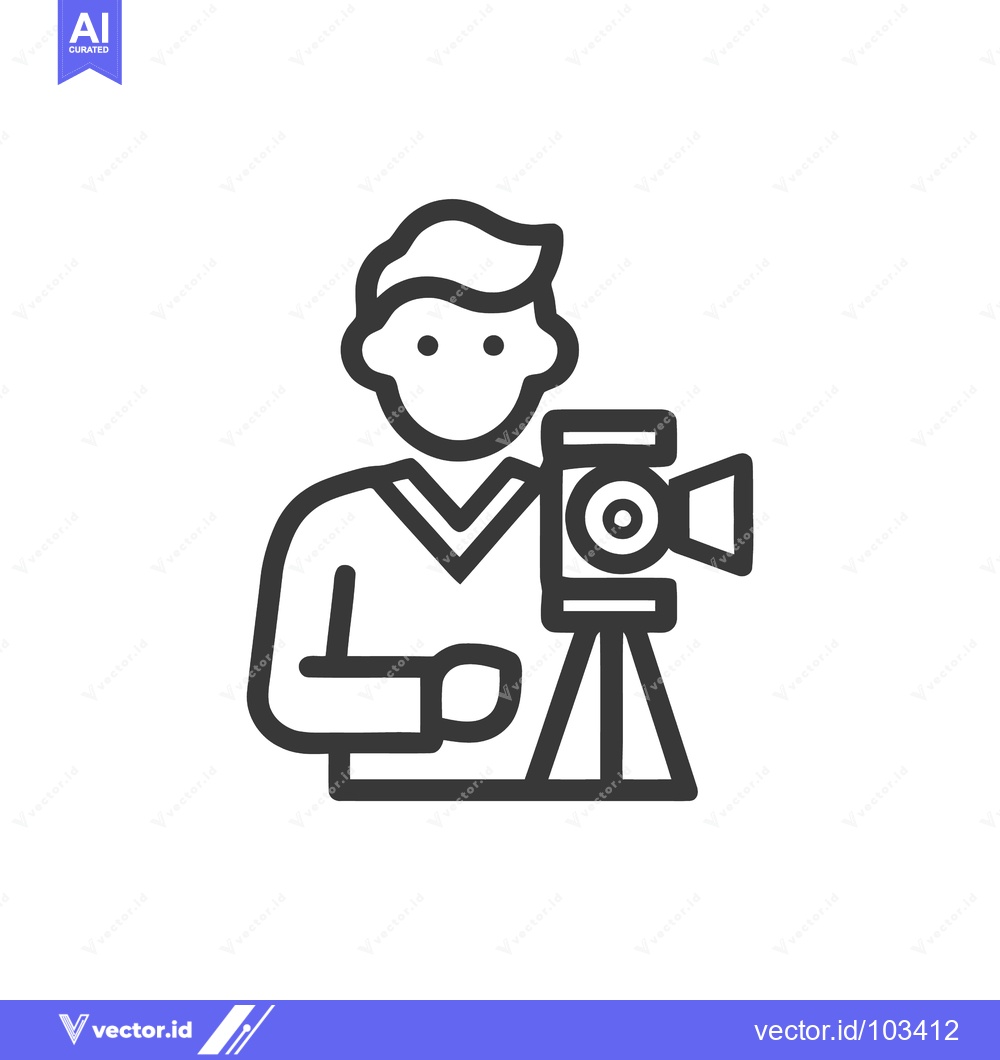 Premium Vector of Cameraman with Tripod-Mounted Video Camera, a Minimalist Line Icon.