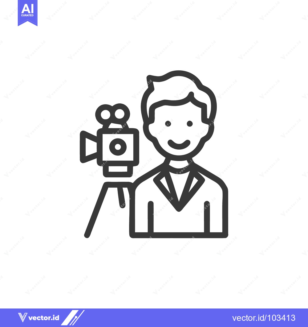 Premium Vector of Friendly Cameraman with Professional Film Camera on Tripod, Minimalist