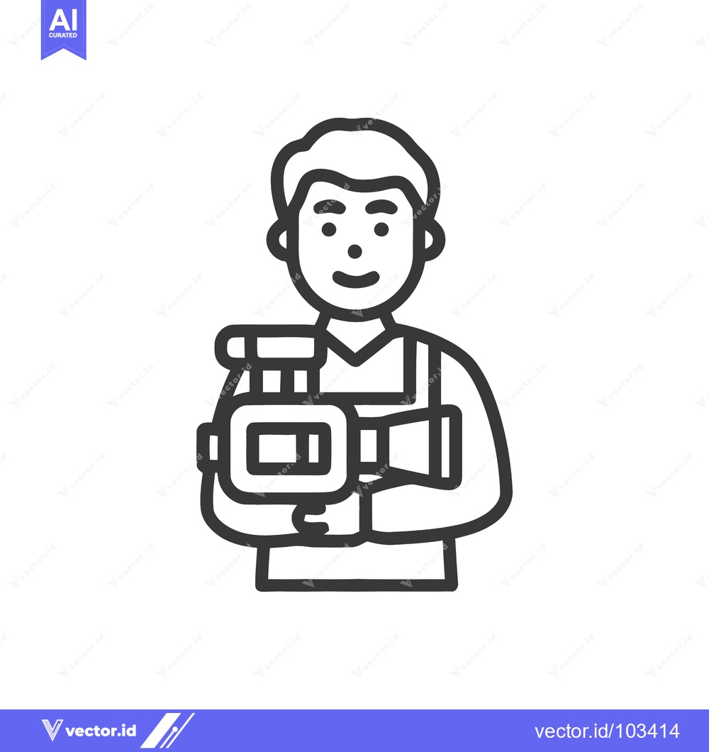 Premium Vector of Smiling Videographer with Professional Camcorder, Minimalist Line Art