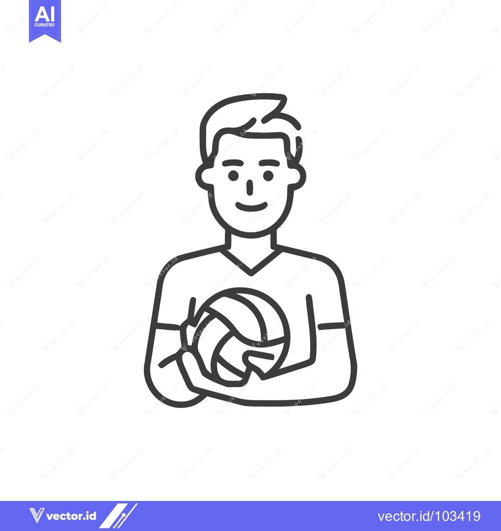 Premium Vector dari Smiling Young Man Holding a Volleyball, Minimalist Line Art Icon