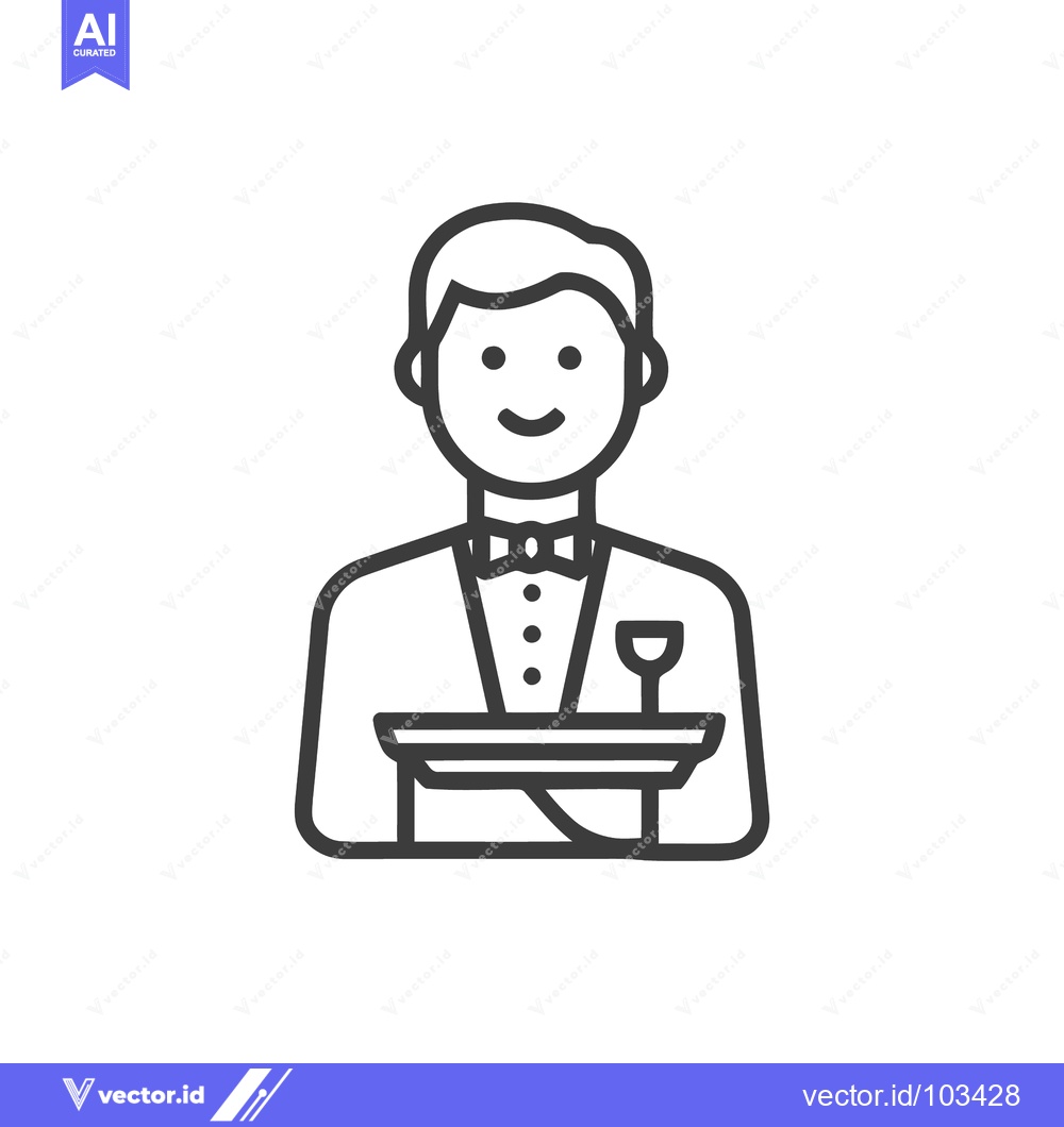 Premium Vector dari Minimalist Line Icon of a Friendly Waiter Holding a Serving Tray with