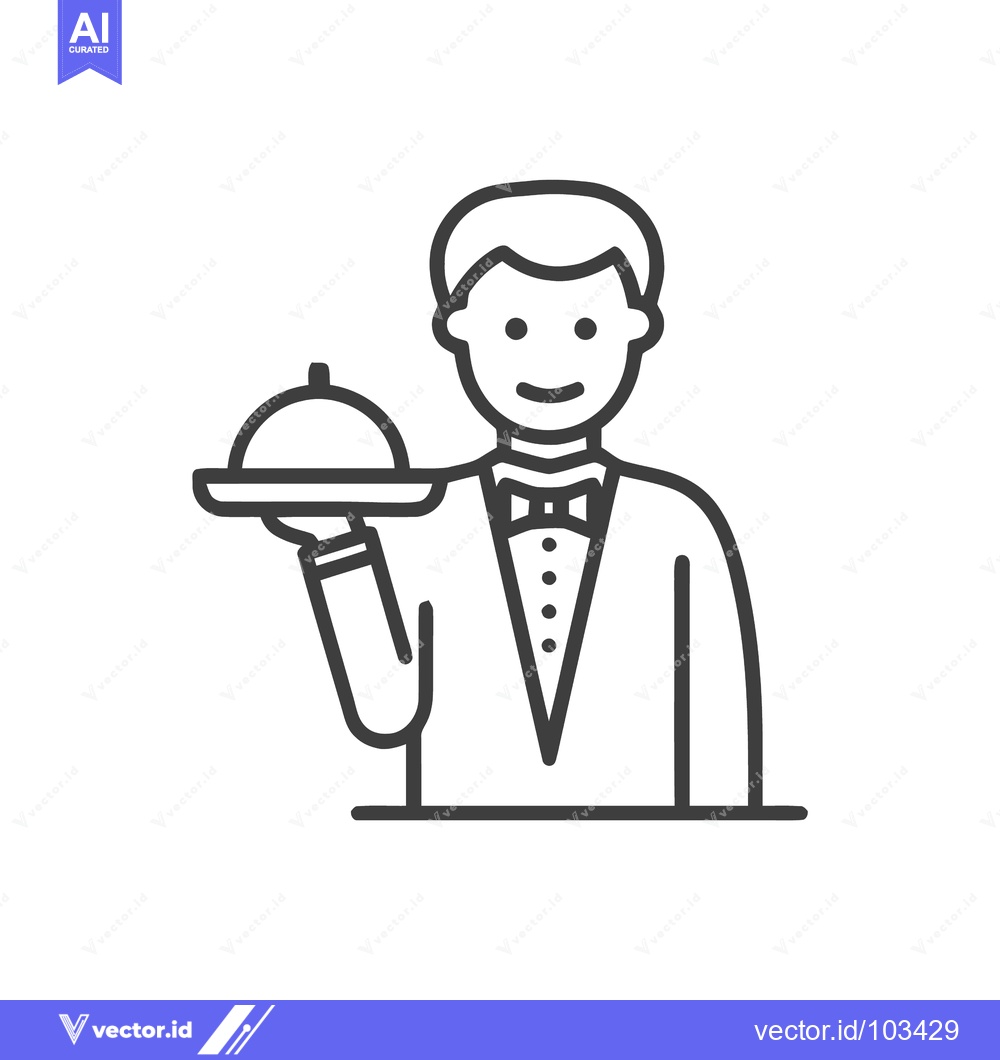 Premium Vector of Smiling Waiter in Bow Tie Serving with Cloche, Clean Line Art Icon