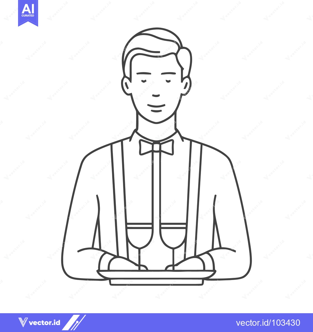 Premium Vector of Elegant Waiter with Bow Tie and Tray, a Minimalist Line Art Illustrati
