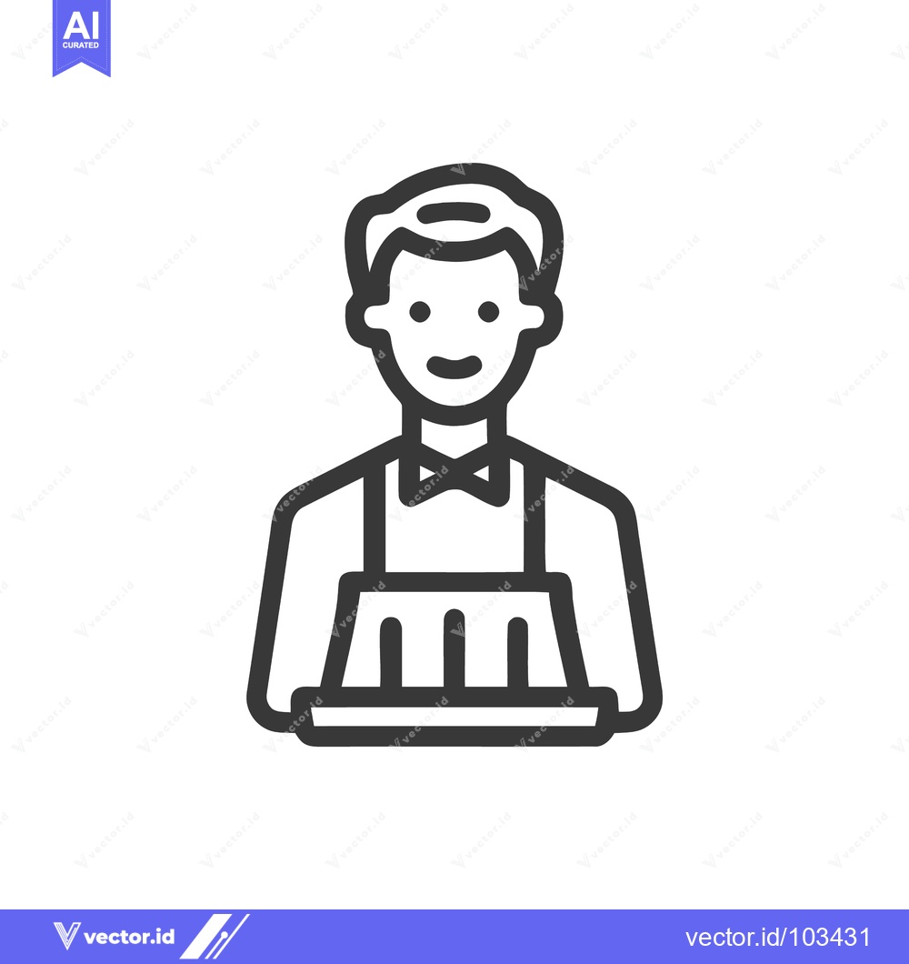 Premium Vector of Friendly Waiter with Bow Tie Holding a Tray, Minimalist Line Icon for