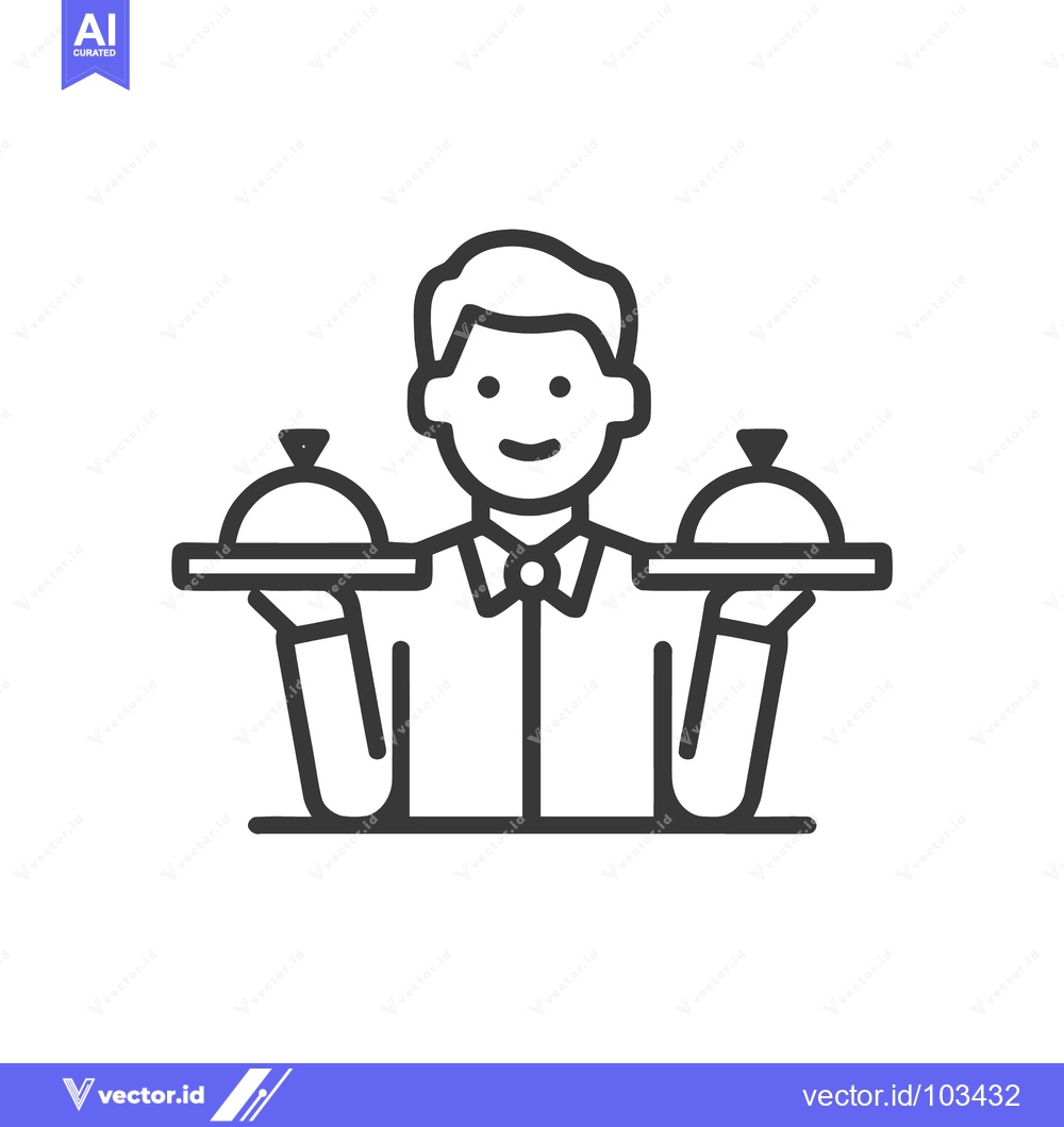 Premium Vector of Friendly Waiter with Two Covered Platters, Symmetrical Line Art Icon